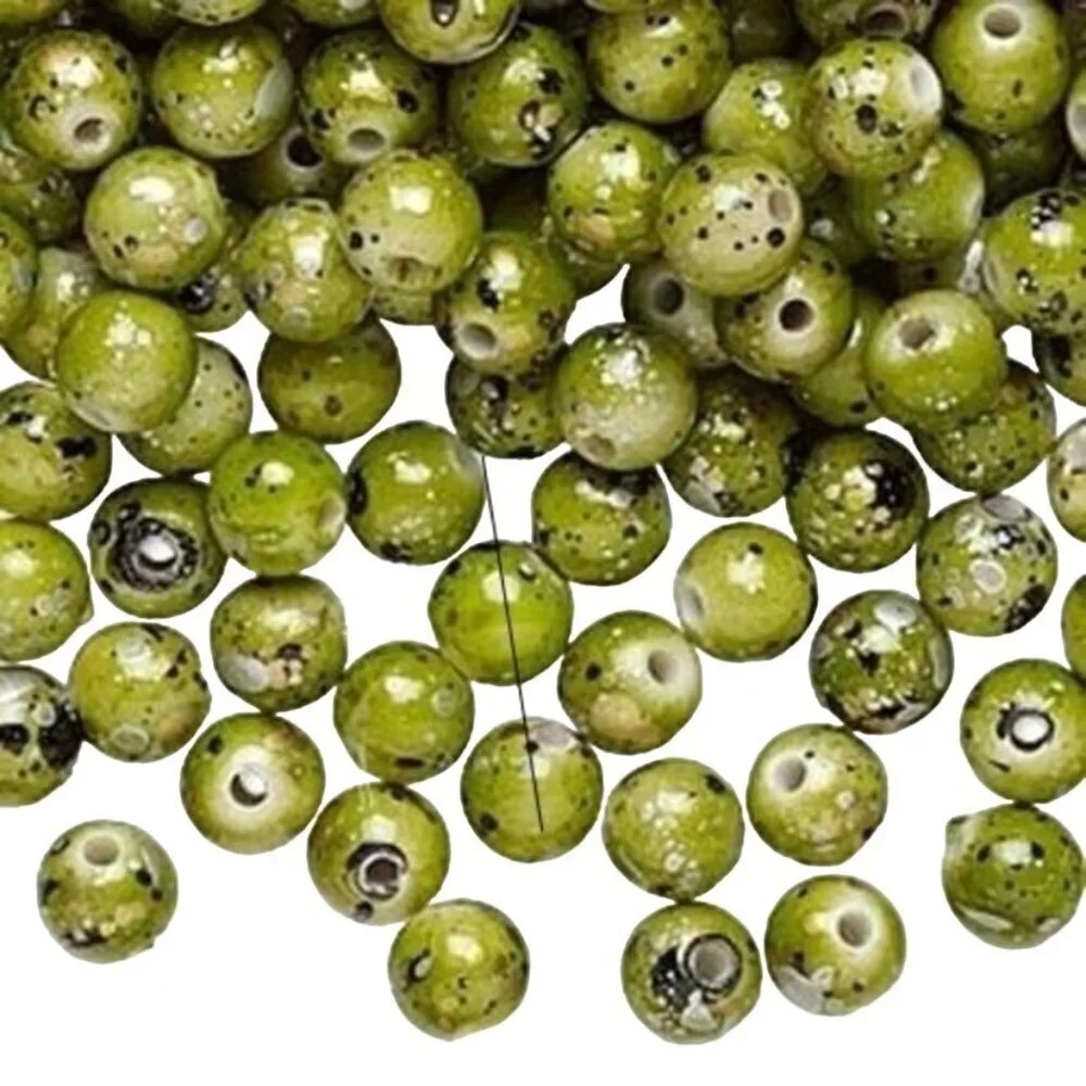 100 Green Silver Gold & Black Paint Spattered 80s Retro 6mm Round Beads